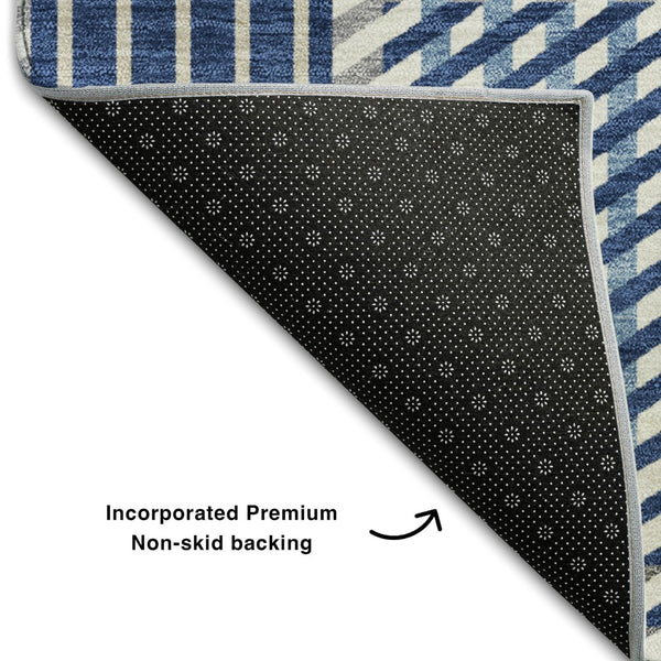 HomeRoots 9' X 12' Stylish Navy, Ivory & Gray Plaid Area Rug - Washable, UV Protected, Stain-Resistant Design 678741