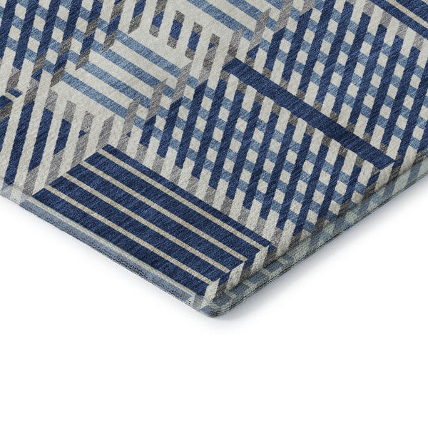 HomeRoots 9' X 12' Stylish Navy, Ivory & Gray Plaid Area Rug - Washable, UV Protected, Stain-Resistant Design 678741