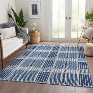HomeRoots 9' X 12' Stylish Navy, Ivory & Gray Plaid Area Rug - Washable, UV Protected, Stain-Resistant Design 678741
