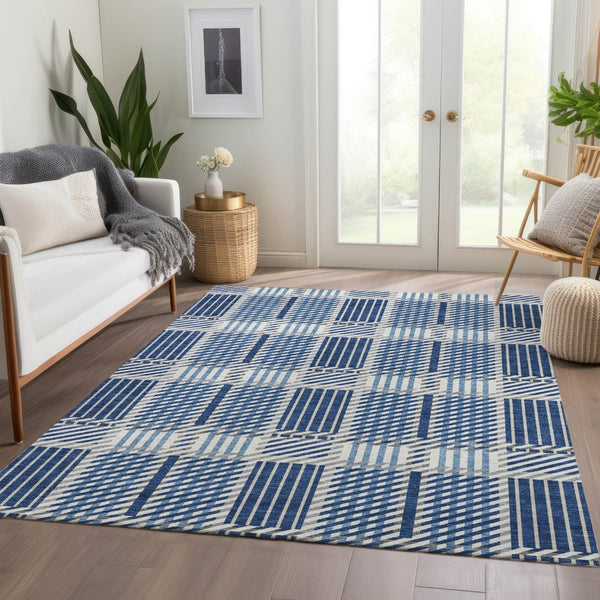HomeRoots 9' X 12' Stylish Navy, Ivory & Gray Plaid Area Rug - Washable, UV Protected, Stain-Resistant Design 678741