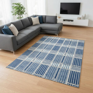 HomeRoots 10' X 14' Navy Blue, Ivory & Gray Plaid Washable Area Rug – Durable, UV-Protected for Family Spaces! 678742