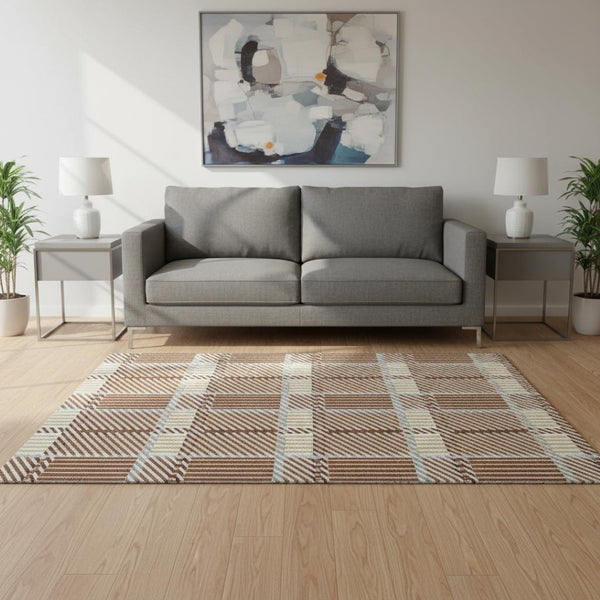 HomeRoots 5' X 8' Rust Beige Gray Plaid Washable Area Rug - Durable, Stain-Resistant, UV Protected for Homes 678744