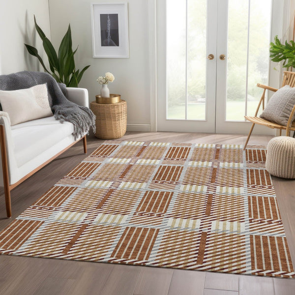 HomeRoots 5' X 8' Rust Beige Gray Plaid Washable Area Rug - Durable, Stain-Resistant, UV Protected for Homes 678744