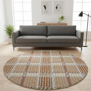 HomeRoots 8' Washable Round Rug in Rust Beige and Gray Plaid - UV Protected, Stain-Resistant, Durable Design! 678745