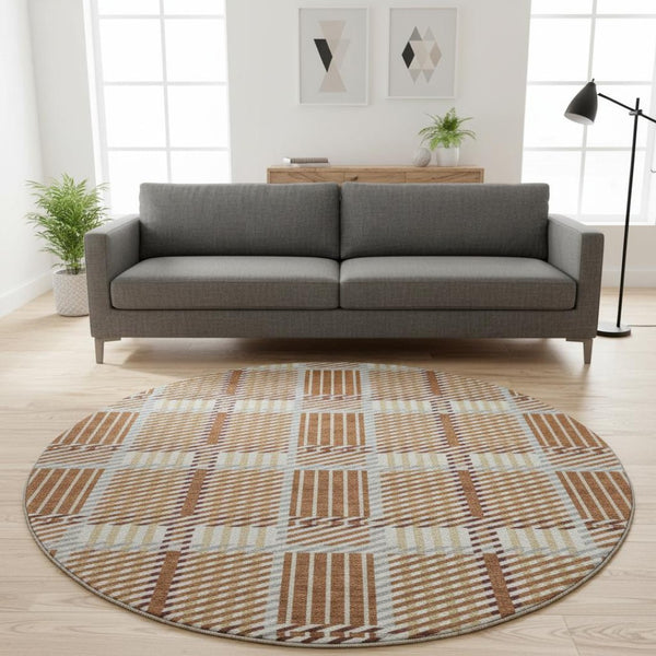 HomeRoots 8' Washable Round Rug in Rust Beige and Gray Plaid - UV Protected, Stain-Resistant, Durable Design! 678745