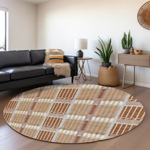 HomeRoots 8' Washable Round Rug in Rust Beige and Gray Plaid - UV Protected, Stain-Resistant, Durable Design! 678745