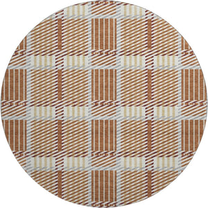 HomeRoots 8' Washable Round Rug in Rust Beige and Gray Plaid - UV Protected, Stain-Resistant, Durable Design! 678745