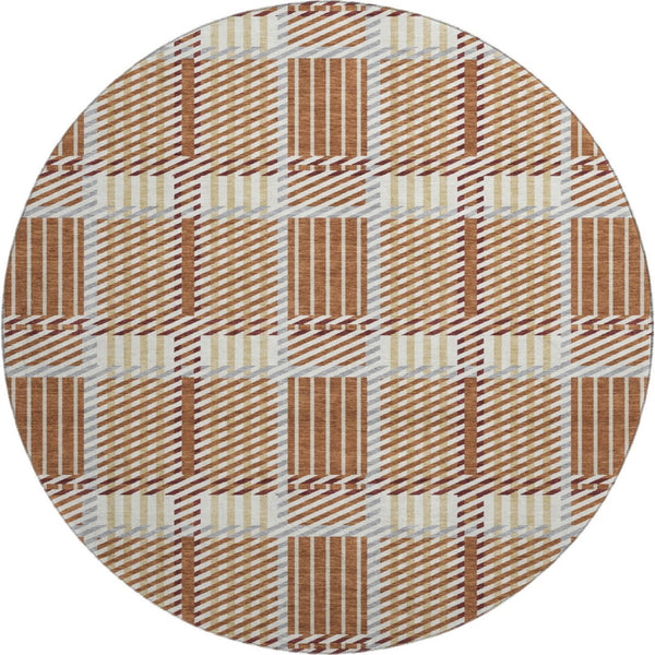 HomeRoots 8' Washable Round Rug in Rust Beige and Gray Plaid - UV Protected, Stain-Resistant, Durable Design! 678745