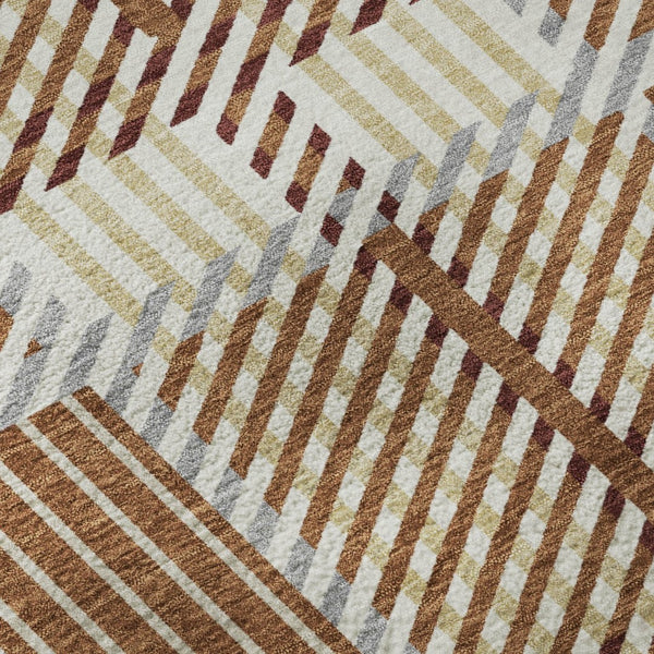 HomeRoots 8' Washable Round Rug in Rust Beige and Gray Plaid - UV Protected, Stain-Resistant, Durable Design! 678745