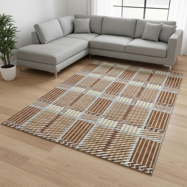 HomeRoots 9' X 12' Rust Beige and Gray Plaid Area Rug – Washable, UV-Protected, Stain-Resistant for Homes 678747