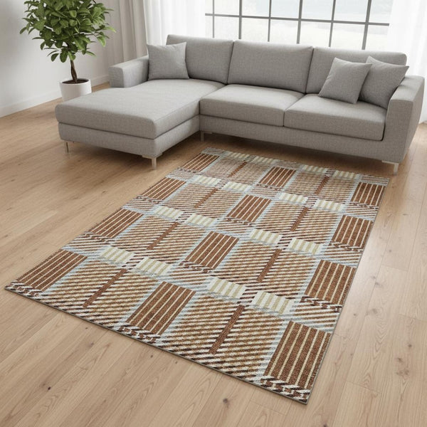 HomeRoots 10' X 14' Rust Beige and Gray Plaid Area Rug - Washable, UV Protected, Perfect for Family Spaces 678748