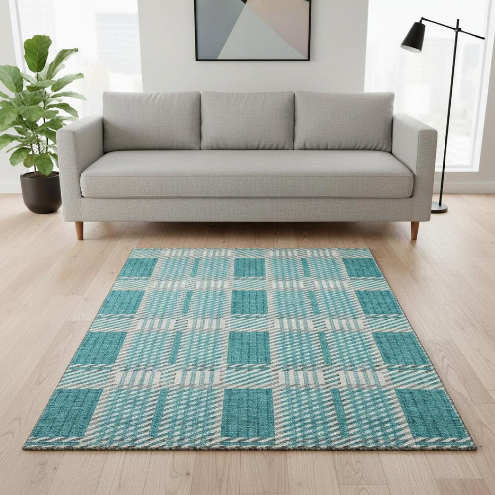 HomeRoots 5' X 8' Washable Teal Gray Ivory Plaid Area Rug with UV Protection for Stylish Indoor & Outdoor Use 678750