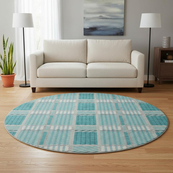 HomeRoots 8' Teal Gray and Ivory Plaid Washable Round Rug - Stylish, Durable, UV-Protected for Everyday Use 678751