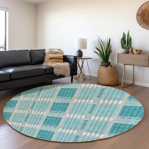 HomeRoots 8' Teal Gray and Ivory Plaid Washable Round Rug - Stylish, Durable, UV-Protected for Everyday Use 678751