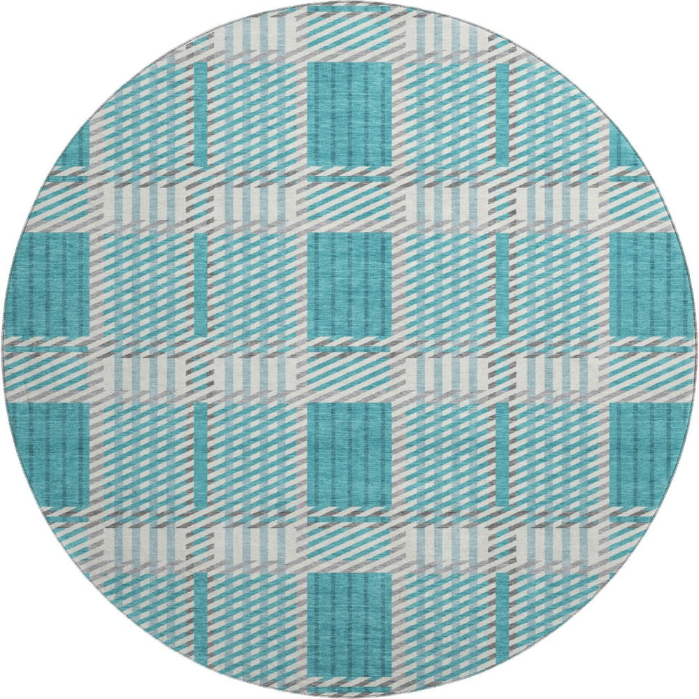 HomeRoots 8' Teal Gray and Ivory Plaid Washable Round Rug - Stylish, Durable, UV-Protected for Everyday Use 678751