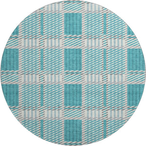 HomeRoots 8' Teal Gray and Ivory Plaid Washable Round Rug - Stylish, Durable, UV-Protected for Everyday Use 678751