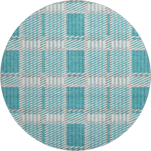 HomeRoots 8' Teal Gray and Ivory Plaid Washable Round Rug - Stylish, Durable, UV-Protected for Everyday Use 678751
