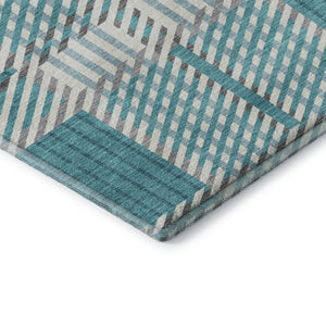 HomeRoots 8' Teal Gray and Ivory Plaid Washable Round Rug - Stylish, Durable, UV-Protected for Everyday Use 678751