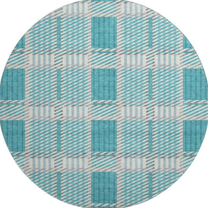 HomeRoots 8' Teal Gray and Ivory Plaid Washable Round Rug - Stylish, Durable, UV-Protected for Everyday Use 678751