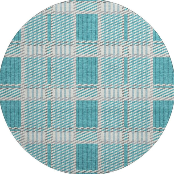 HomeRoots 8' Teal Gray and Ivory Plaid Washable Round Rug - Stylish, Durable, UV-Protected for Everyday Use 678751