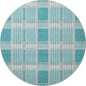 HomeRoots 8' Teal Gray and Ivory Plaid Washable Round Rug - Stylish, Durable, UV-Protected for Everyday Use 678751