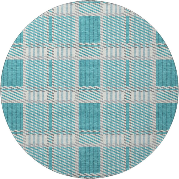 HomeRoots 8' Teal Gray and Ivory Plaid Washable Round Rug - Stylish, Durable, UV-Protected for Everyday Use 678751