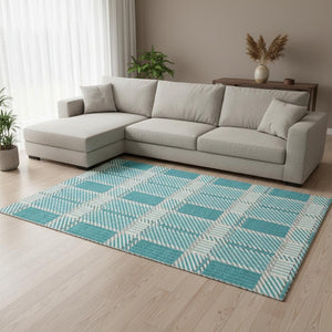 HomeRoots 8' X 10' Stylish Teal Gray Ivory Plaid Washable Area Rug - UV Resistant, Stain-Resistant Comfort! 678752