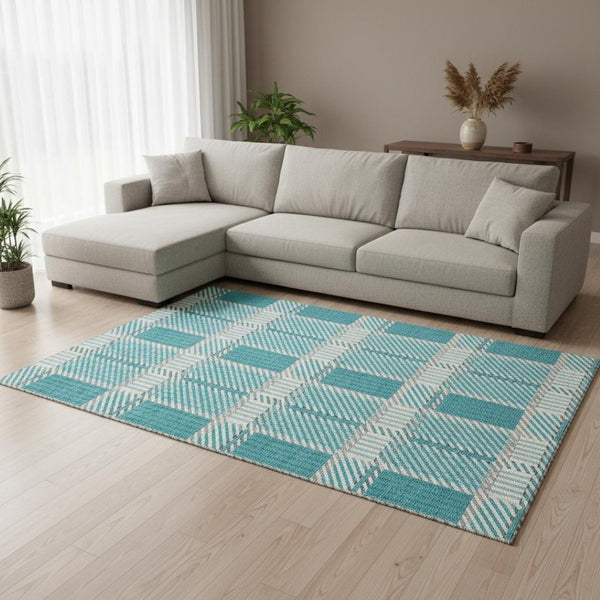 HomeRoots 8' X 10' Stylish Teal Gray Ivory Plaid Washable Area Rug - UV Resistant, Stain-Resistant Comfort! 678752