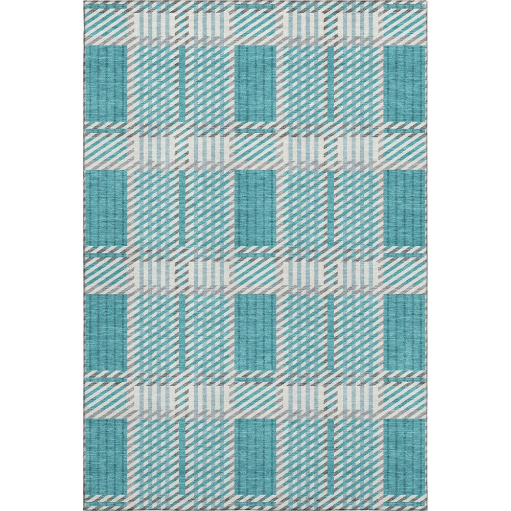 HomeRoots 8' X 10' Stylish Teal Gray Ivory Plaid Washable Area Rug - UV Resistant, Stain-Resistant Comfort! 678752