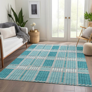 HomeRoots 8' X 10' Stylish Teal Gray Ivory Plaid Washable Area Rug - UV Resistant, Stain-Resistant Comfort! 678752