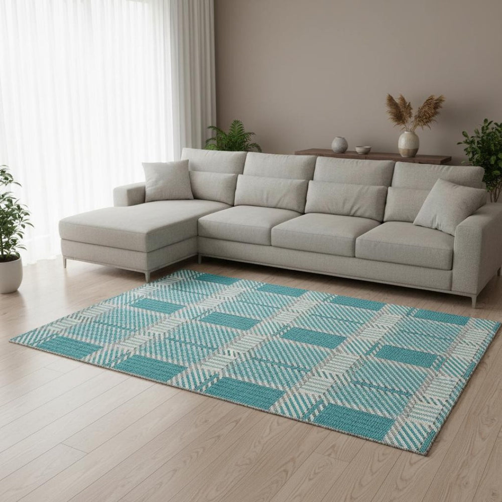 HomeRoots 9' X 12' Teal Gray Ivory Plaid Washable Area Rug - UV Protected, Soft, Durable & Easy to Clean! 678753
