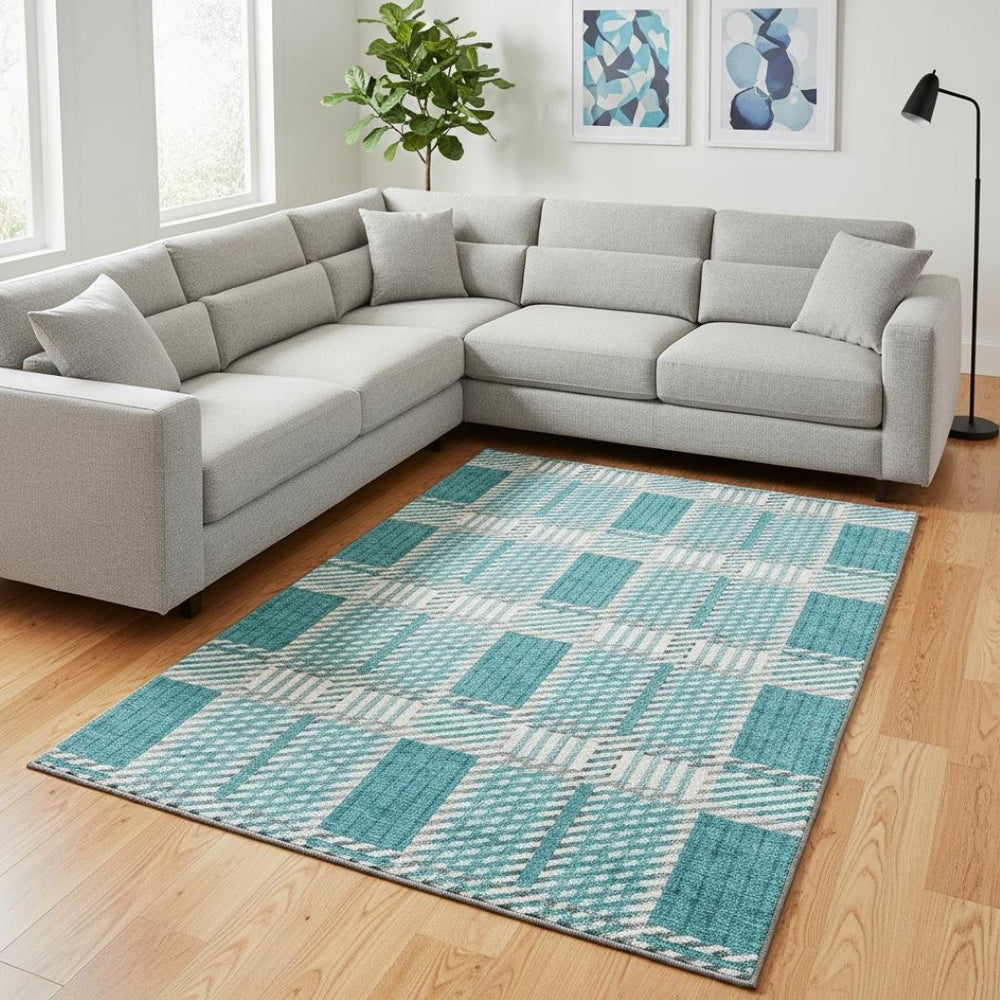 HomeRoots 10' X 14' Teal Gray Ivory Plaid Area Rug - Washable, UV Protected, Durable, Ideal for High-Traffic Spaces 678754