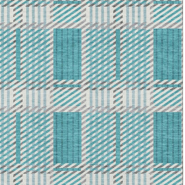 HomeRoots 10' X 14' Teal Gray Ivory Plaid Area Rug - Washable, UV Protected, Durable, Ideal for High-Traffic Spaces 678754