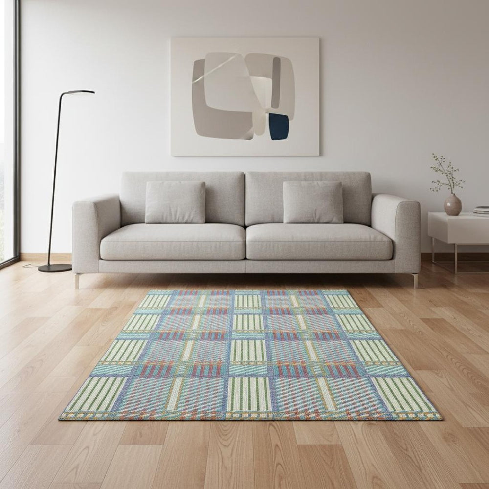 HomeRoots 5' X 8' Stylish White Teal Purple Plaid Area Rug – Washable, UV Protected, Perfect for Busy Spaces! 678756
