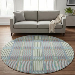 HomeRoots 8' Stylish Teal and Purple Plaid Round Rug - Washable, UV Protected, Perfect for Active Homes! 678757