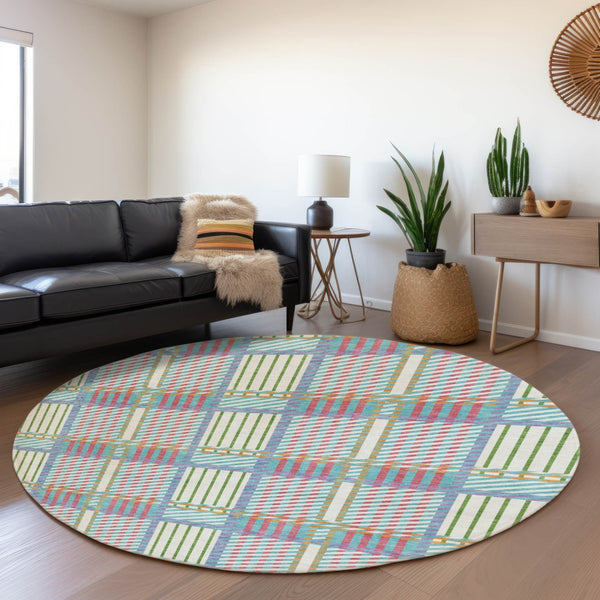 HomeRoots 8' Stylish Teal and Purple Plaid Round Rug - Washable, UV Protected, Perfect for Active Homes! 678757