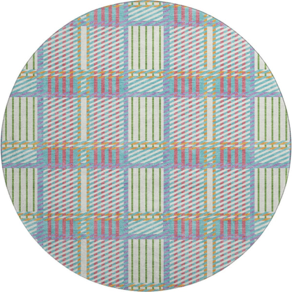 HomeRoots 8' Stylish Teal and Purple Plaid Round Rug - Washable, UV Protected, Perfect for Active Homes! 678757