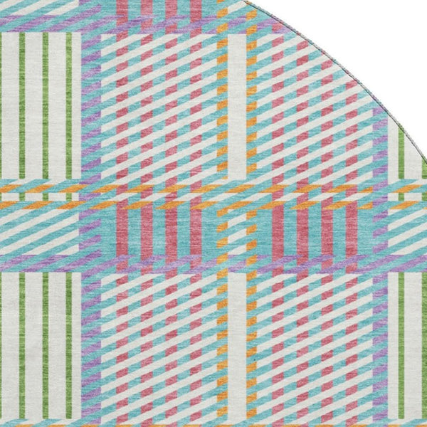 HomeRoots 8' Stylish Teal and Purple Plaid Round Rug - Washable, UV Protected, Perfect for Active Homes! 678757