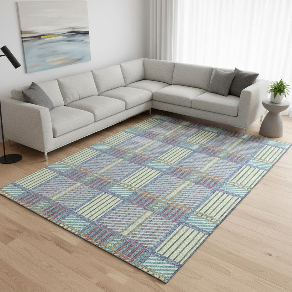HomeRoots 8' X 10' Washable Plaid Area Rug in White, Teal & Purple with UV Protection for High-Traffic Spaces 678758