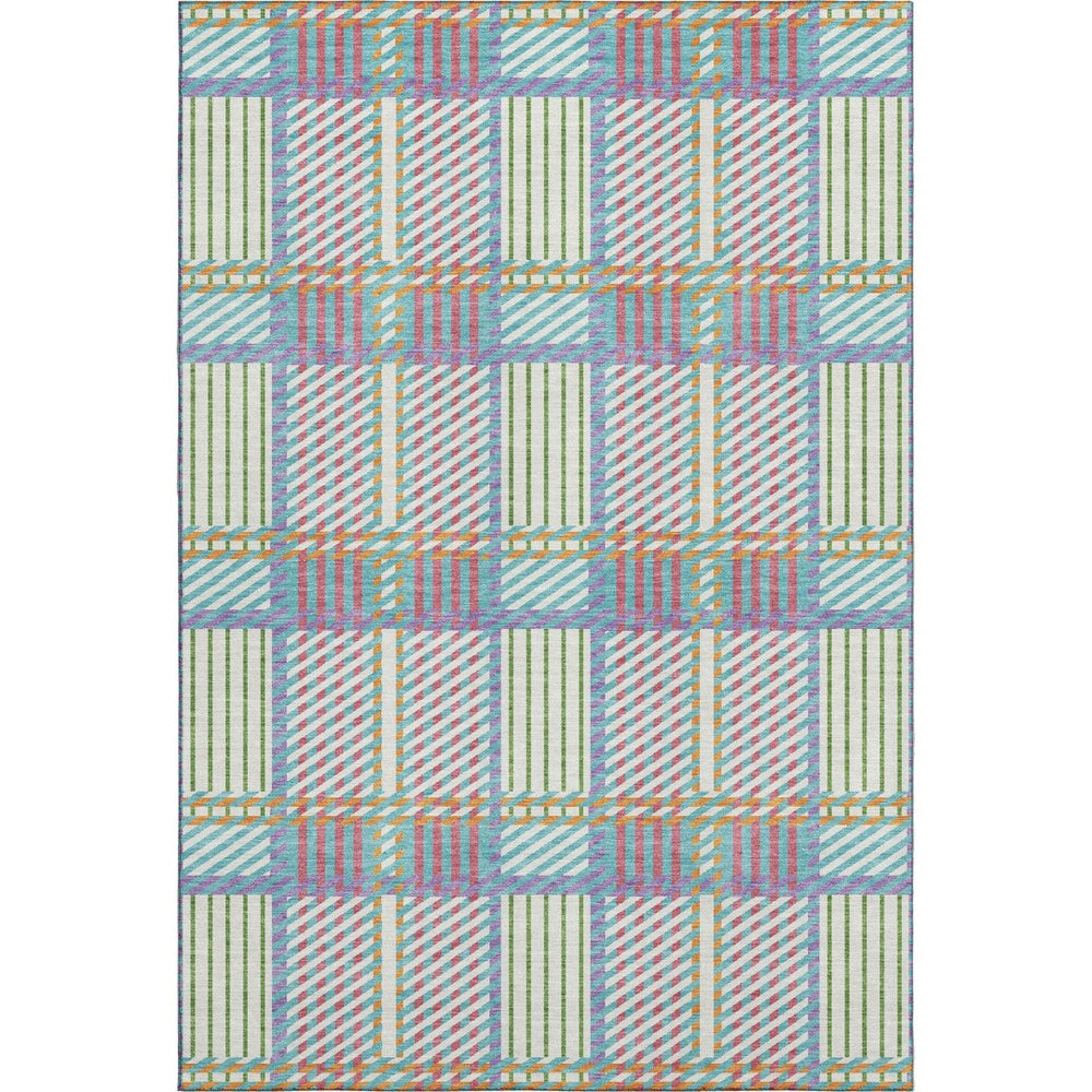 HomeRoots 8' X 10' Washable Plaid Area Rug in White, Teal & Purple with UV Protection for High-Traffic Spaces 678758