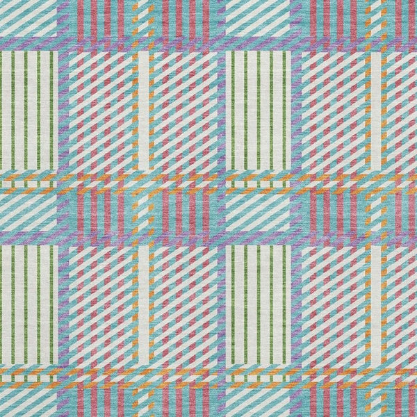 HomeRoots 8' X 10' Washable Plaid Area Rug in White, Teal & Purple with UV Protection for High-Traffic Spaces 678758