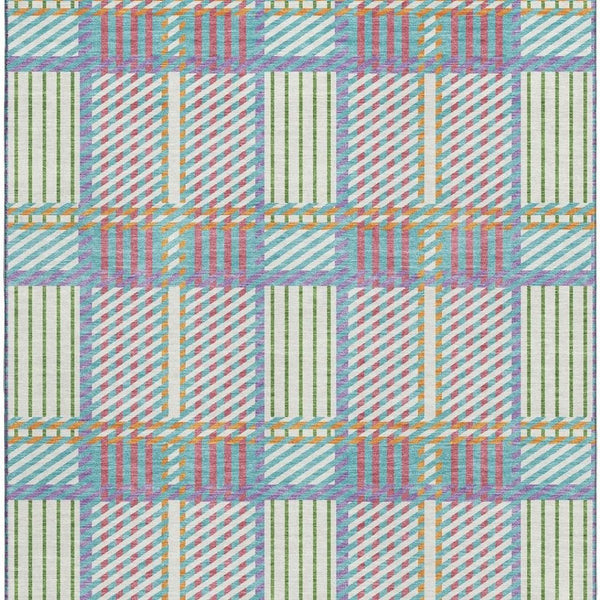 HomeRoots 8' X 10' Washable Plaid Area Rug in White, Teal & Purple with UV Protection for High-Traffic Spaces 678758
