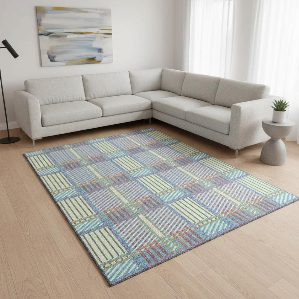 HomeRoots 9' X 12' Washable Plaid Area Rug in White, Teal & Purple - UV Protected, Durable & Stylish Design 678759