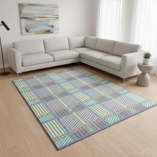 HomeRoots 9' X 12' Washable Plaid Area Rug in White, Teal & Purple - UV Protected, Durable & Stylish Design 678759