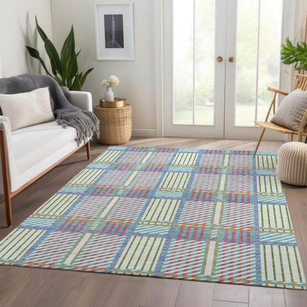 HomeRoots 9' X 12' Washable Plaid Area Rug in White, Teal & Purple - UV Protected, Durable & Stylish Design 678759