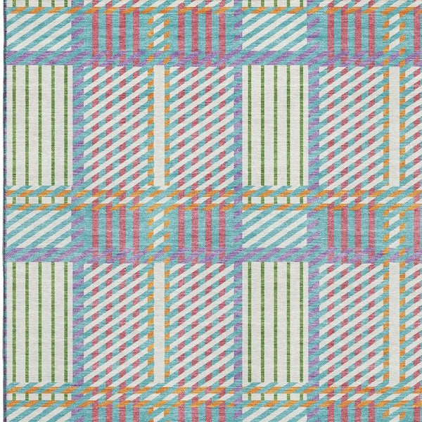 HomeRoots 9' X 12' Washable Plaid Area Rug in White, Teal & Purple - UV Protected, Durable & Stylish Design 678759