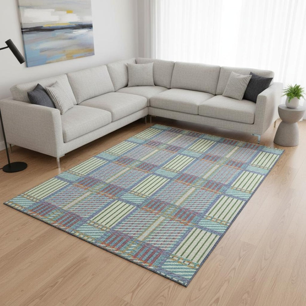 HomeRoots 10' X 14' Washable Plaid Area Rug in Teal & Purple - UV Protected for Stylish, Durable Living Spaces 678760