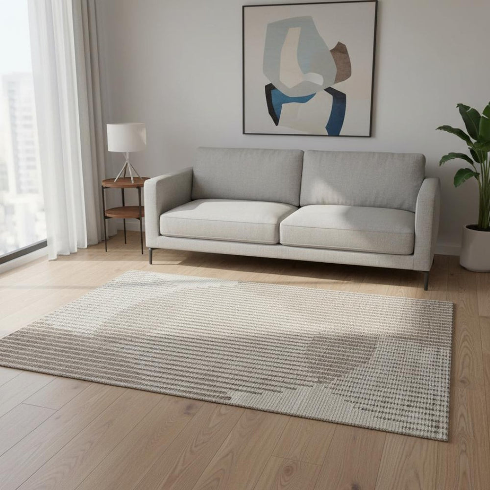 HomeRoots 5' X 8' Beige and Taupe Geometric Area Rug - Washable, UV-Protected, Stylish for Modern Homes 678762