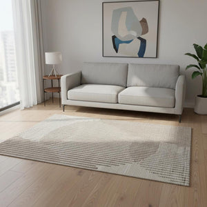 HomeRoots 5' X 8' Beige and Taupe Geometric Area Rug - Washable, UV-Protected, Stylish for Modern Homes 678762