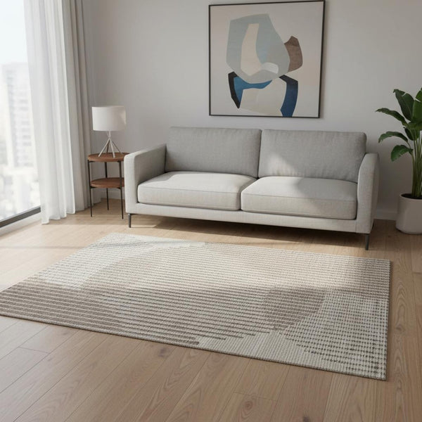 HomeRoots 5' X 8' Beige and Taupe Geometric Area Rug - Washable, UV-Protected, Stylish for Modern Homes 678762